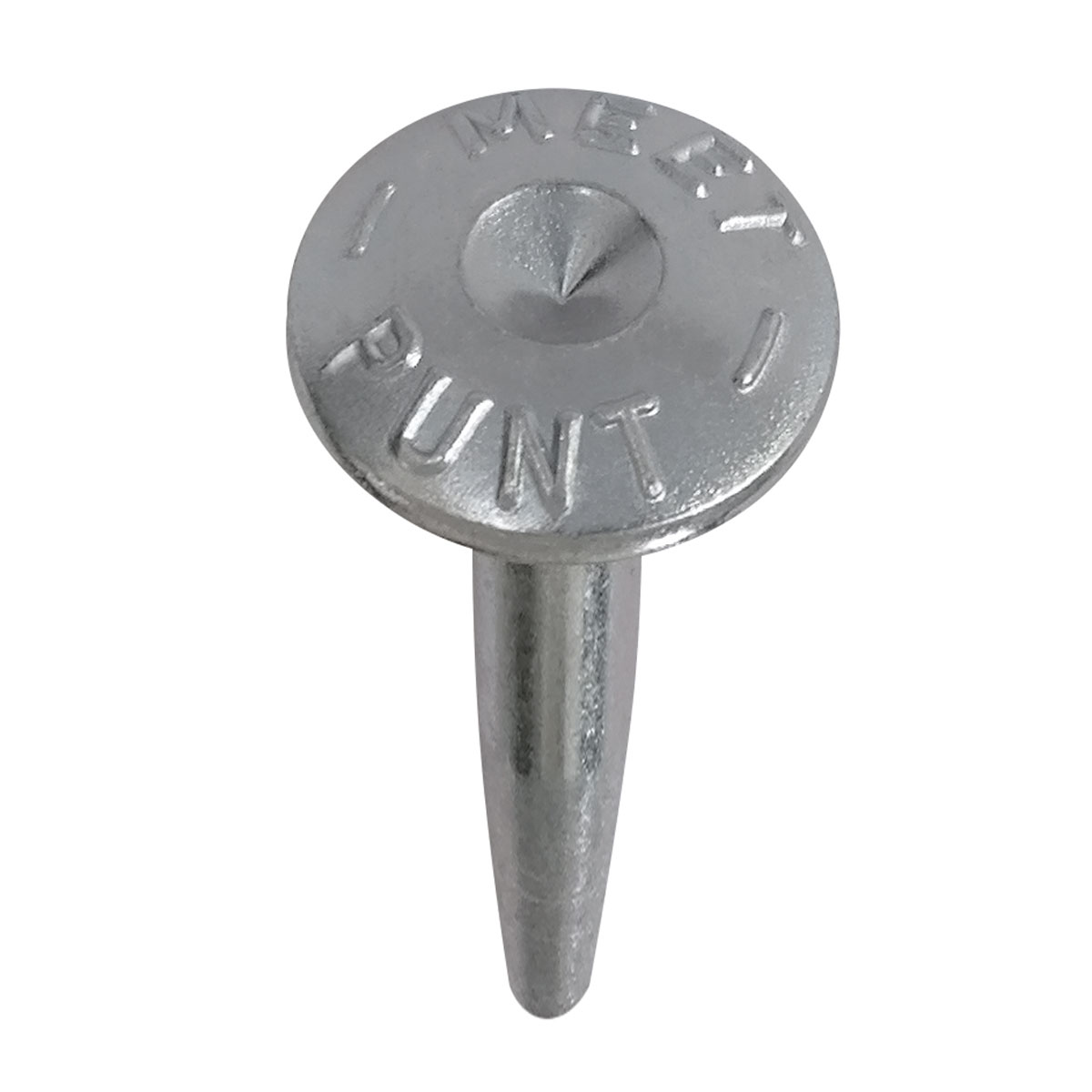 Verzinkter Superkopfbolzen 100 mm mit eingeprägter Aufschrift Meetpunt und langem spitzem Schaft.