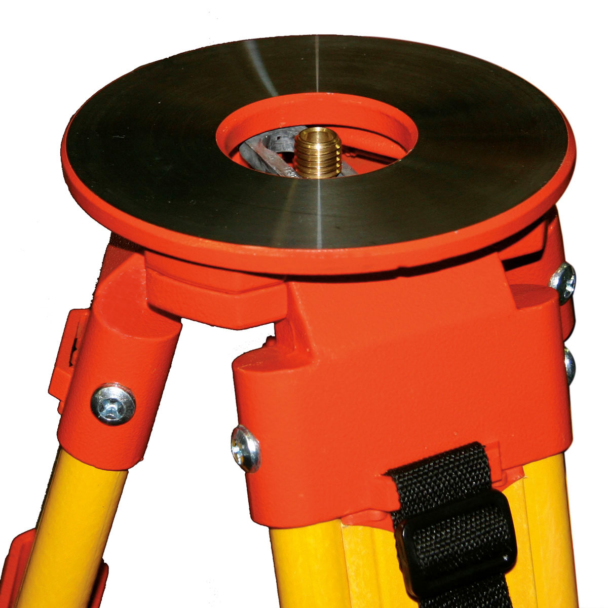 Runder Stativkopf mit Aluminiumplatte, roten Beschlägen und Messing-Anschlussschraube am proNIVO Fiberglas-Stativ.