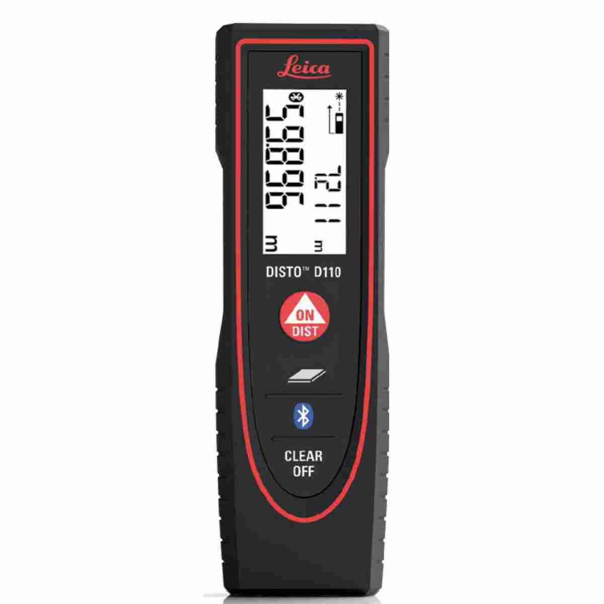 Leica Disto D110 Laser-Entfernungsmesser in Schwarz-Rot mit Display und Bluetooth-Taste.