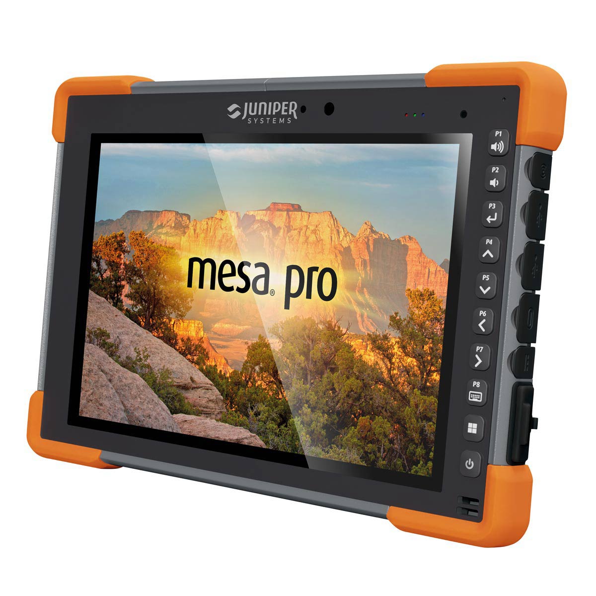 Juniper Systems Rugged Tablet Mesa Pro 10 Zoll mit orangen Eckschützern und Funktionstasten.