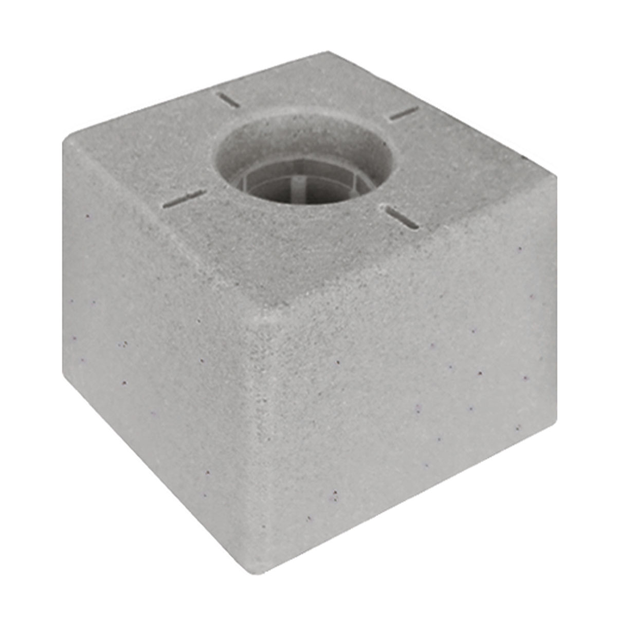 Weißer Vario-Kopf Plus 100 x 100 x 90 mm mit eingeprägtem Strichkreuz und Mittelbohrung.