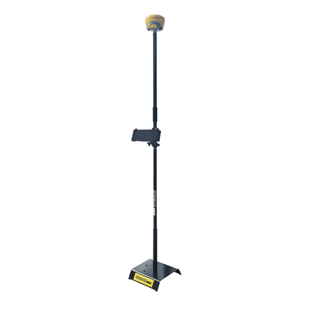 Komplettes GeoMax Zenith35 GNSS-System auf Stab montiert mit Tablet-Halterung und Standfuß.