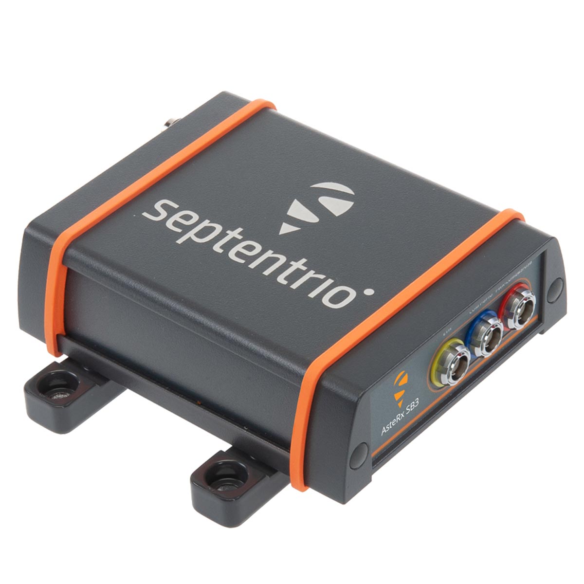 Septentrio GNSS-Empfänger AsteRx SB3 in Grau mit orangen Kanten und drei farbigen Anschlüssen.