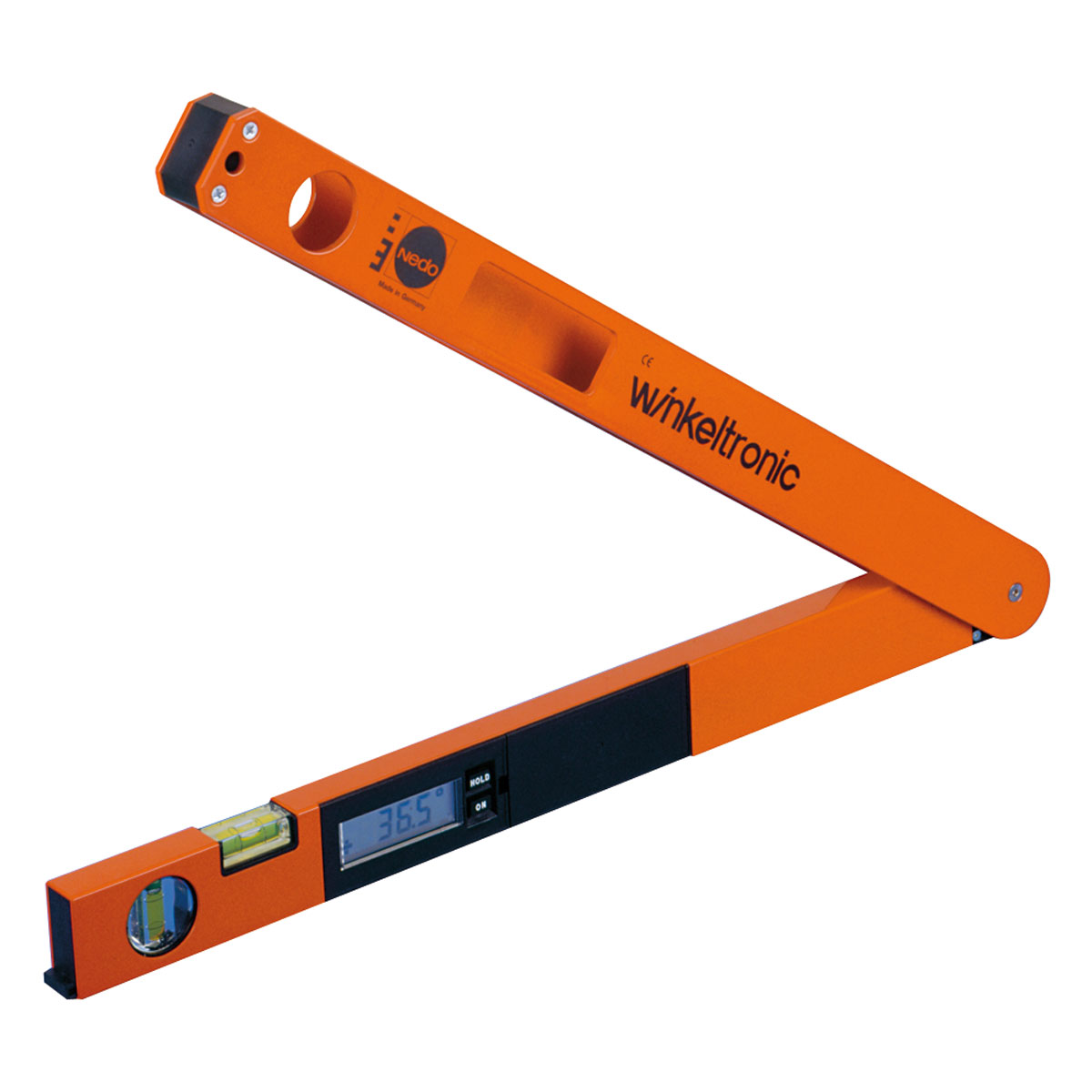 Orange Nedo Winkeltronic mit Digitalanzeige 36,5°, Libellen und zwei Schenkeln.