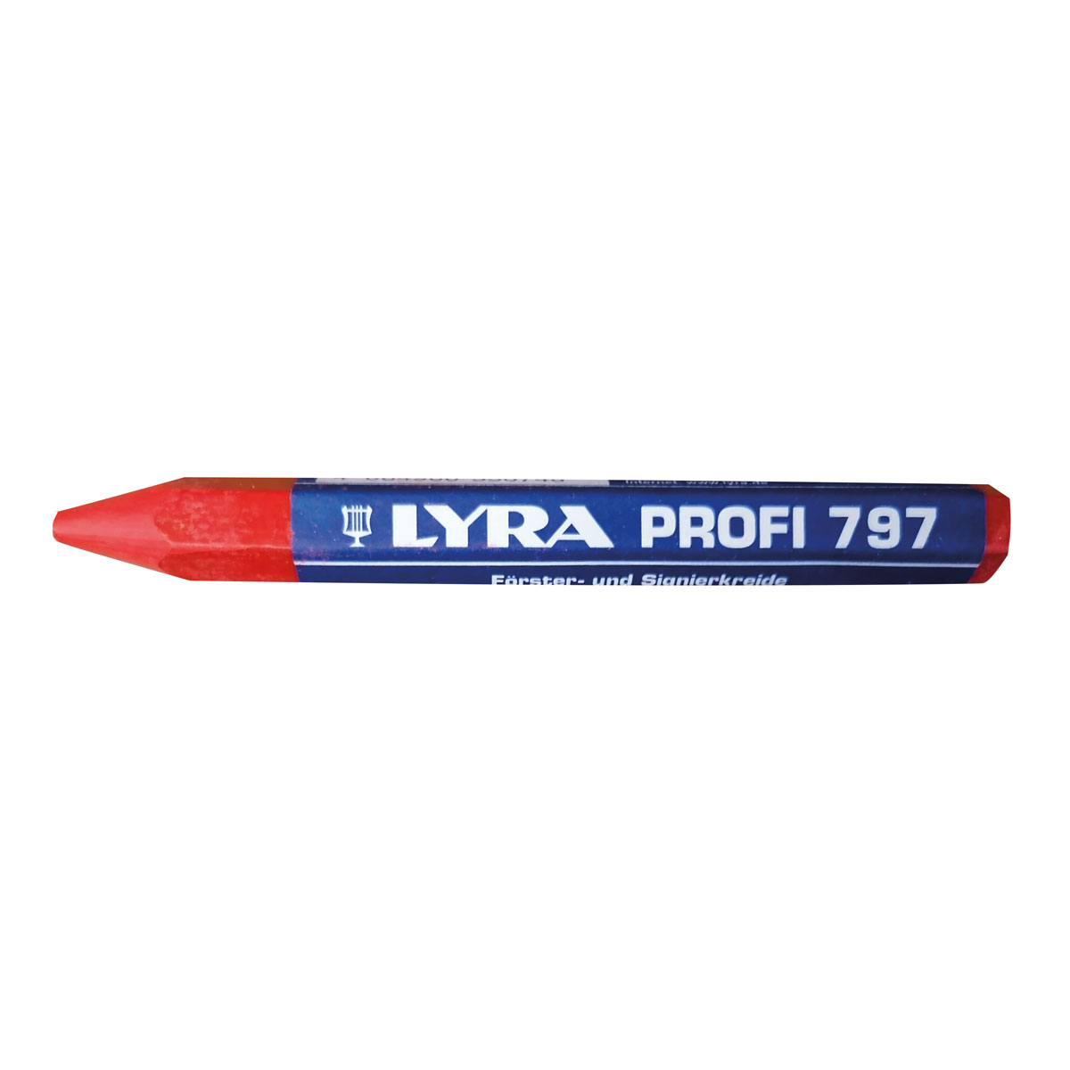 Rote sechseckige Förster- und Signierkreide Lyra Profi 797, Ø 12 mm, mit blauer Banderole.