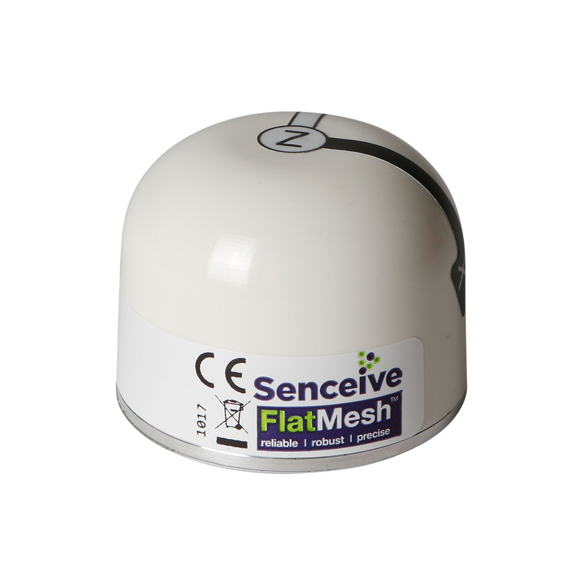 Der kleine, weiße, kuppelförmige FlatMesh NanoPlus Neigungssensor von Senceive auf Freisteller.