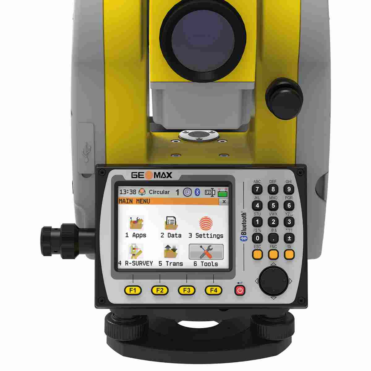 Nahaufnahme des Bedienfelds der GeoMax Zoom50 mit Farbdisplay, Hauptmenü und Tastatur.