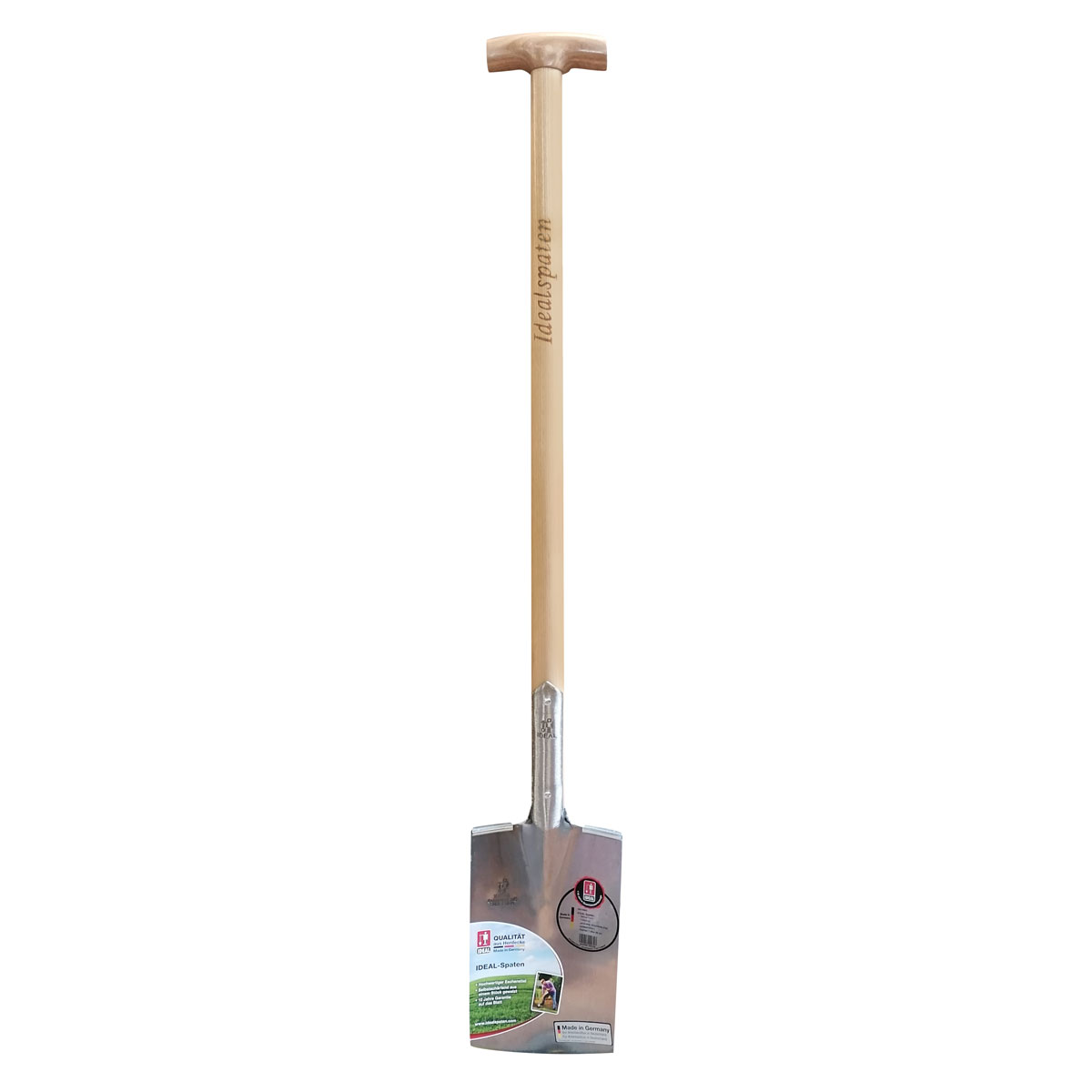 Original IDEAL-Spaten in Gärtnerform mit Eschen-T-Stiel 85 cm und Trittschutz.