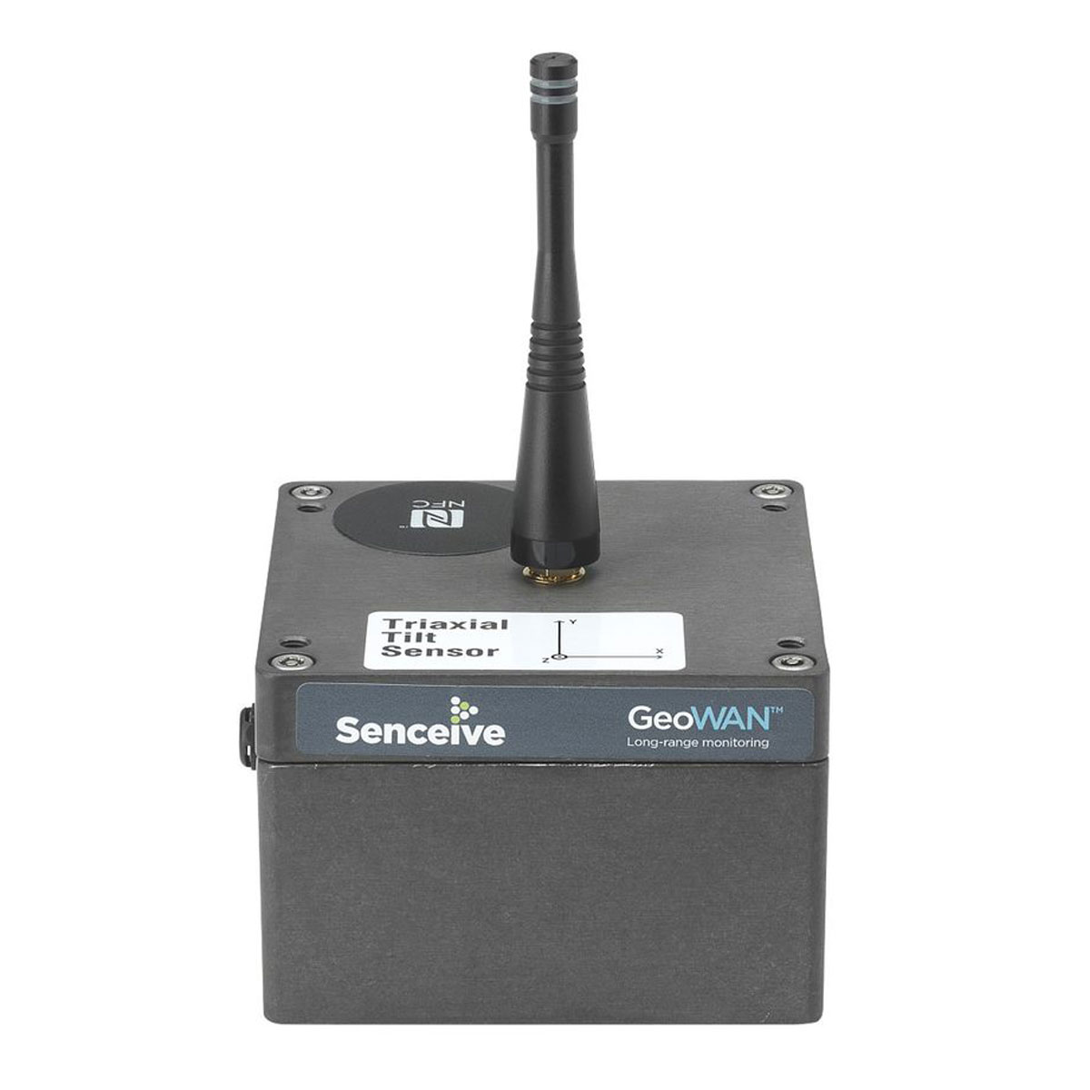 Frontansicht des kompakten Senceive GeoWAN Triaxial Tilt Sensor Node mit Antenne auf weißem Hintergrund.