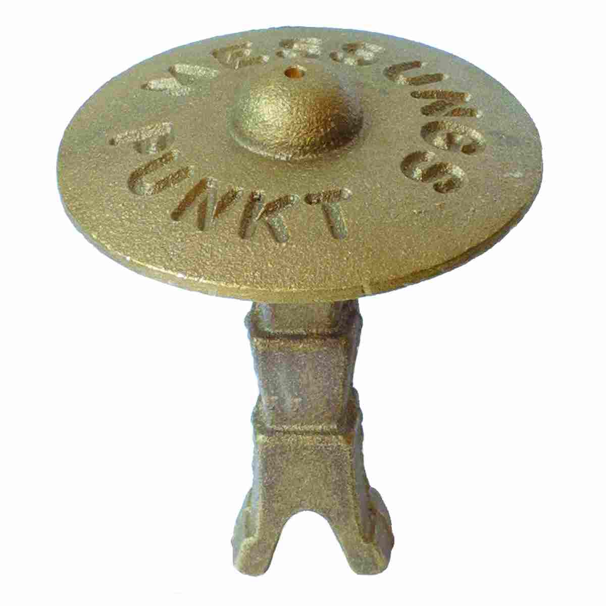 Messingbolzen 90 mm mit großem Kopf Ø 75 mm, Aufschrift Messungspunkt und zentraler Zentrierung.