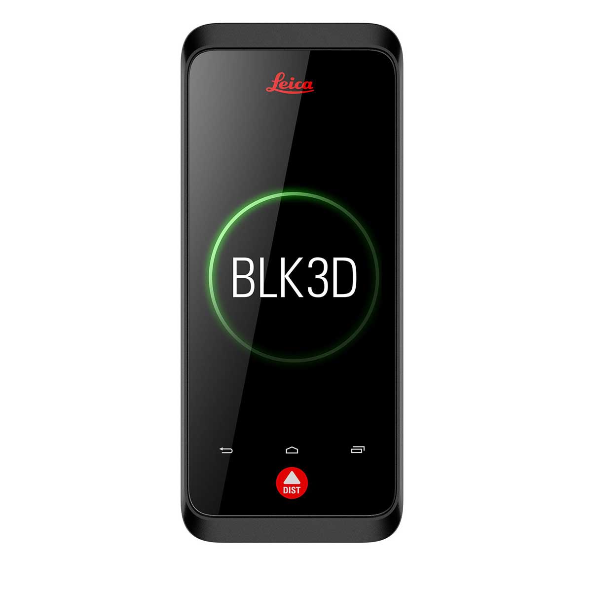Das Leica BLK3D (Mobile Mapping System) frontal mit eingeschaltetem Display und BLK3D-Logo.