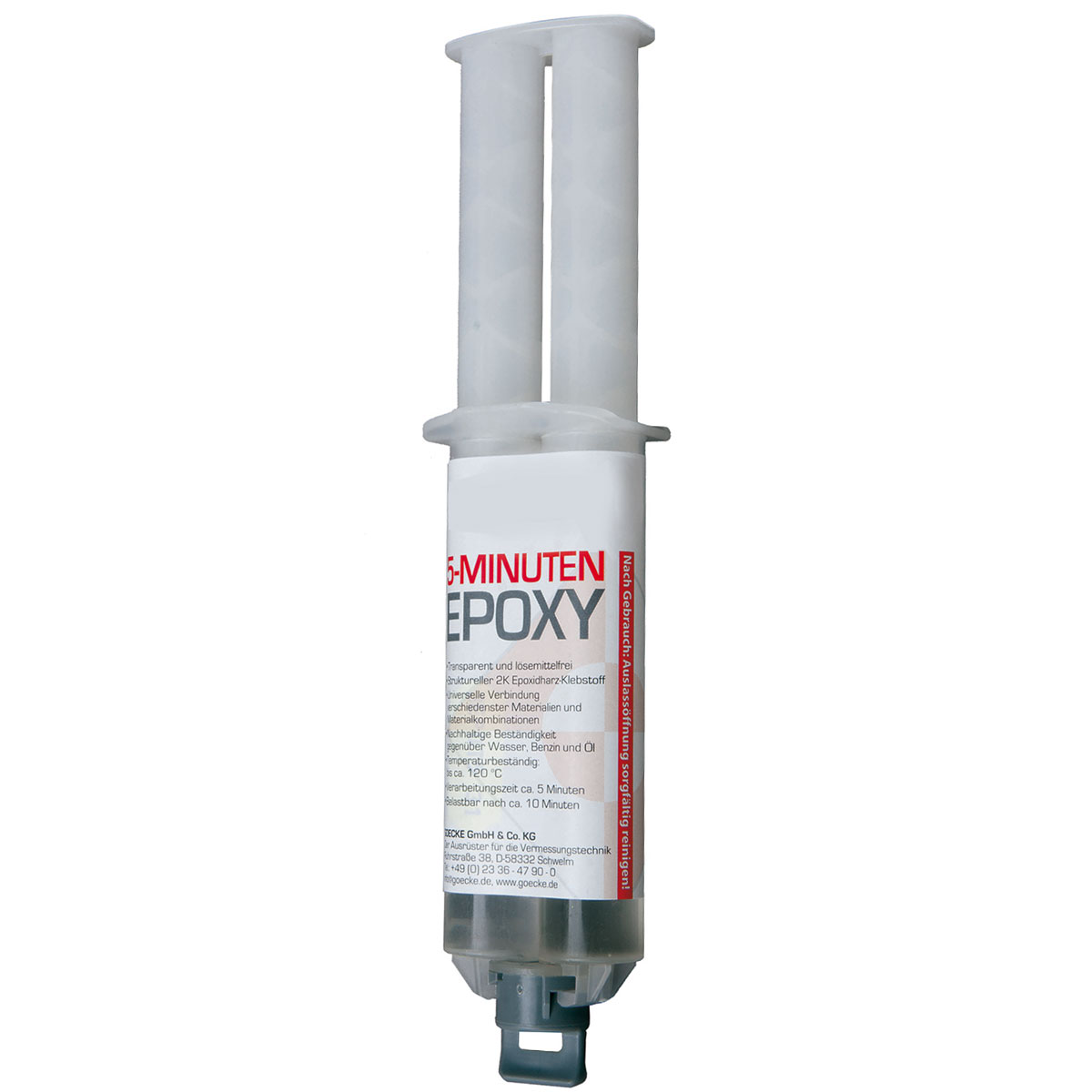 5-Minuten-EPOXY 2K-Klebstoff in der 28-g-Zwillingsspritze mit Beschriftung.
