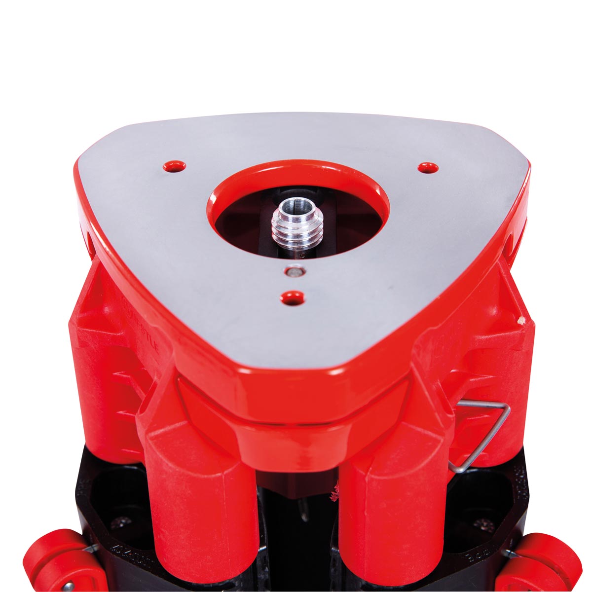 Dreieckiger roter Stativkopf des Karbonstativs mit Aluminiumplatte und Anschlussschraube.