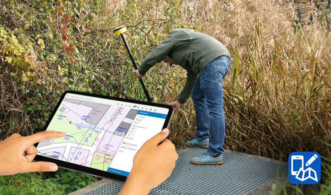 GNSS-Vermessung im Gelände mit proNIVO PNR21i GPS-Antenne und INGRADA mobile GIS-App auf dem Tablet.