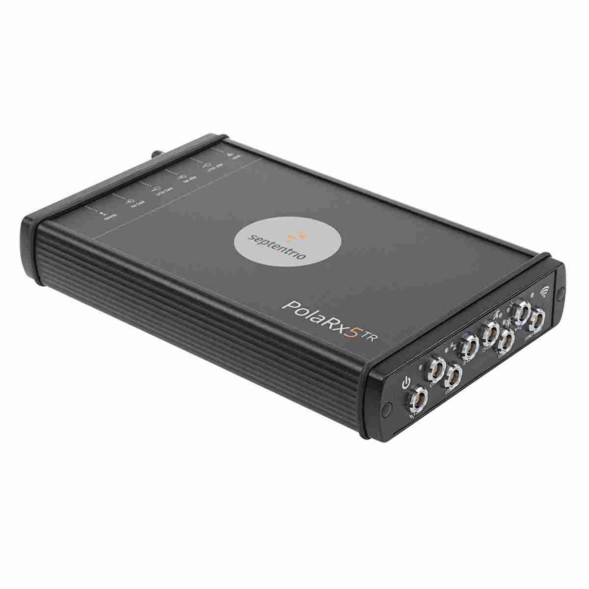 Schwarzer Septentrio Timing- und Referenzempfänger PolaRx5TR mit Rundsteckeranschlüssen.