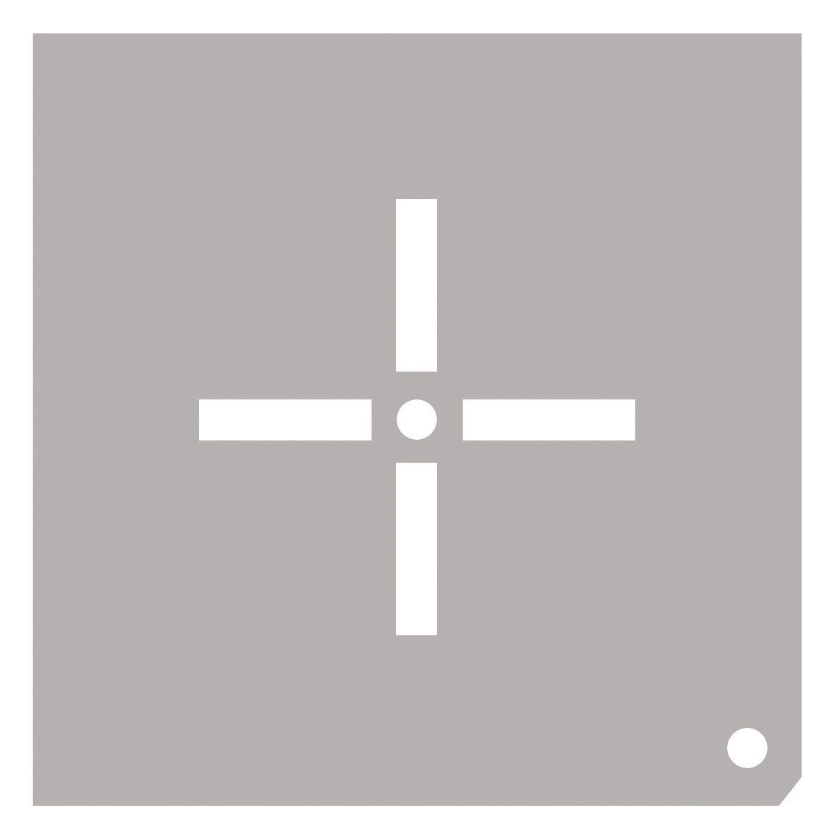 Markierschablone aus Zinkblech 80 x 80 mm mit ausgestanztem Strichkreuz und Mittelpunkt.