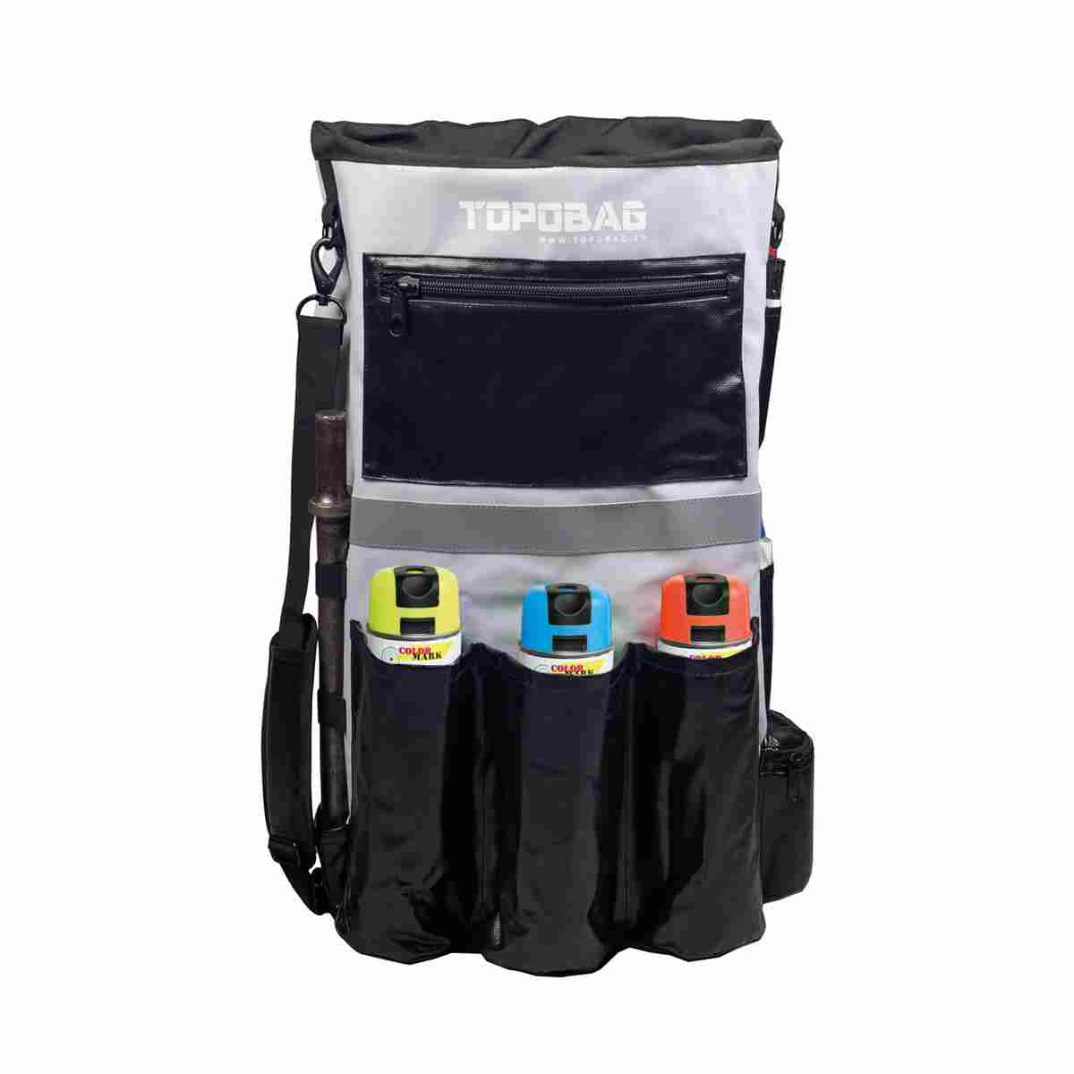 Topobag Feldrucksack in Grau-Schwarz mit Fronttasche, drei Sprühdosenhaltern und Meißelhalterung.