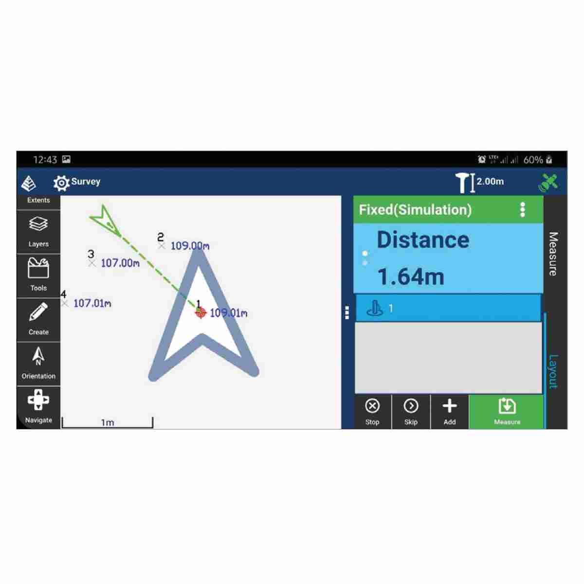 Carlson Layout Android-Software zeigt Distanzmessung zwischen Vermessungspunkten auf der Baustelle.