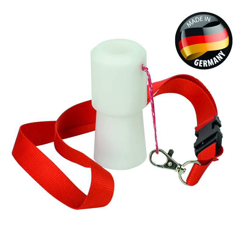 Weißer Abzieher aus Kunststoff mit rotem Umhängeband und Karabiner, daneben Siegel Made in Germany.