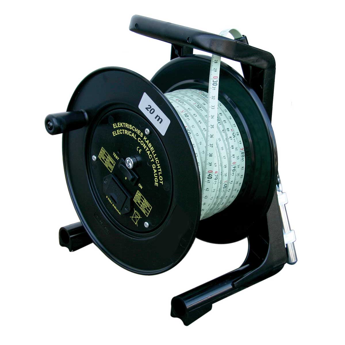 Elektrisches Kabellichtlot 20 m auf schwarzem Aufrollbock mit Testschalter und Messband mit Zentimeterteilung.