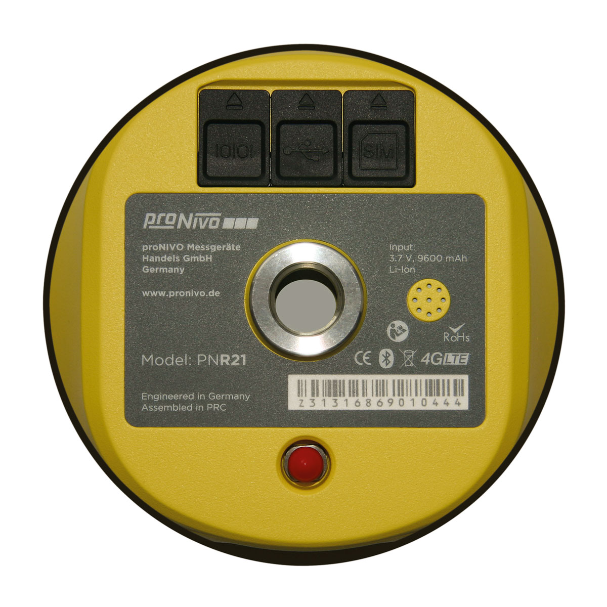 Unterseite des proNIVO PNR21 mit Typenschild, Gewindeaufnahme sowie Anschlüssen für Daten, USB und SIM.