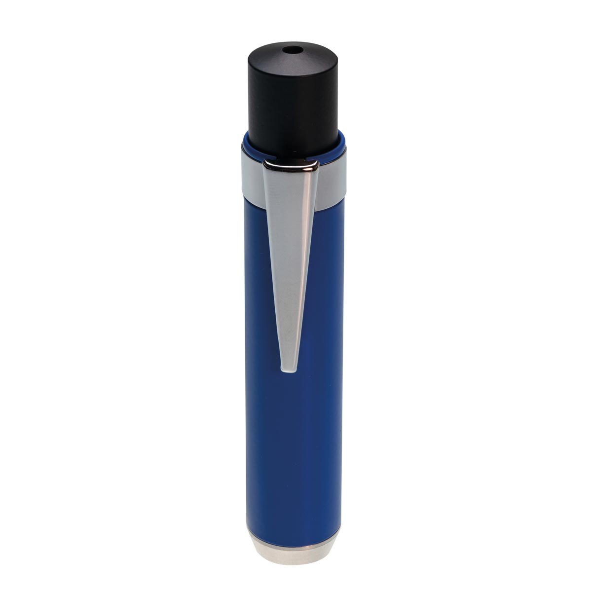 Blauer Kreidehalter aus Metall 13 mm mit verchromtem Clip und schwarzer Spitze, stehend.