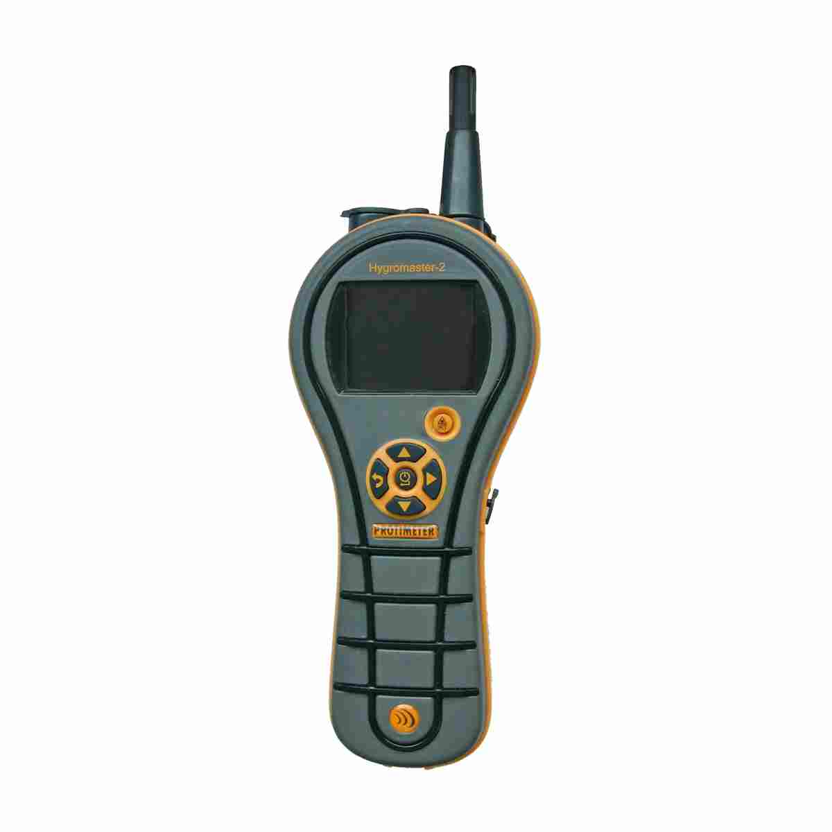 Protimeter Hygromaster-2 mit aufgesteckter langer Hygrostick-Sonde, Frontansicht.