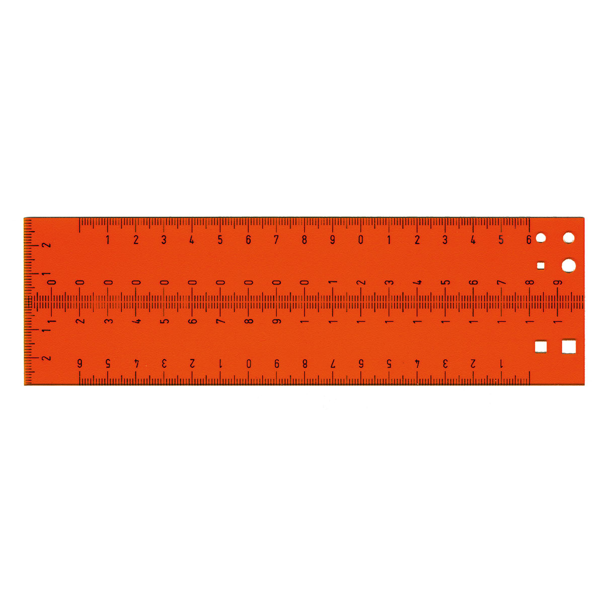 Orange transparente Handriss-Schablone 200 x 60 mm mit schwarzen Maßstabsskalen und Symbolausstanzungen.