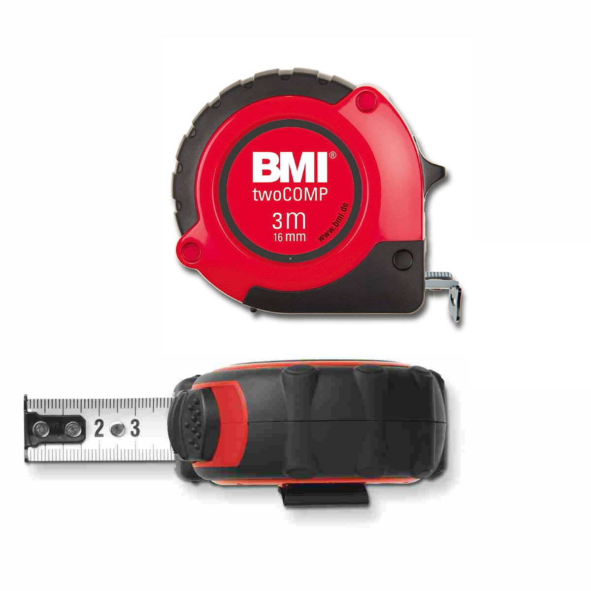 BMI twoCOMP Taschenbandmaß 3 m mit 16 mm Band in Rot-Schwarz, Vorder- und Seitenansicht.