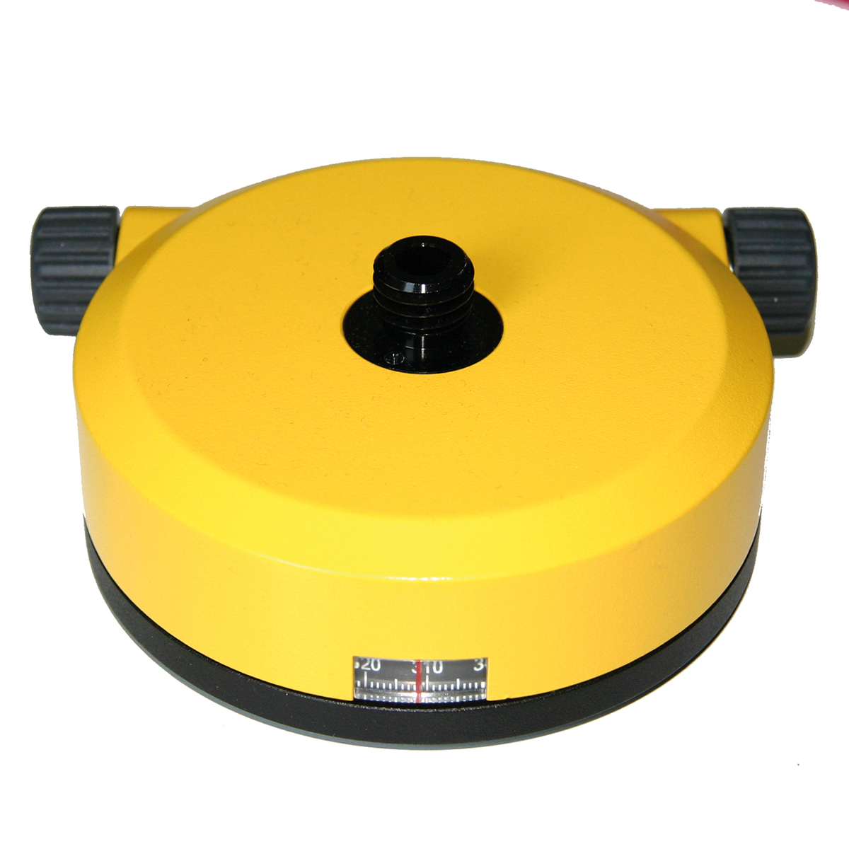 Gelbe manuelle Rotationsbasis mit 5/8-Zoll-Gewinde, Feststellschrauben und 360°-Teilkreis.