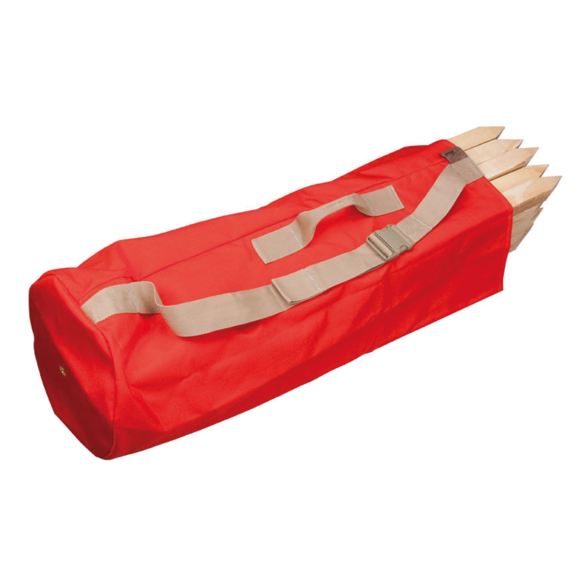 Orange Transporttasche mit Tragegriff und Gurt, gefüllt mit angespitzten Holzpflöcken.
