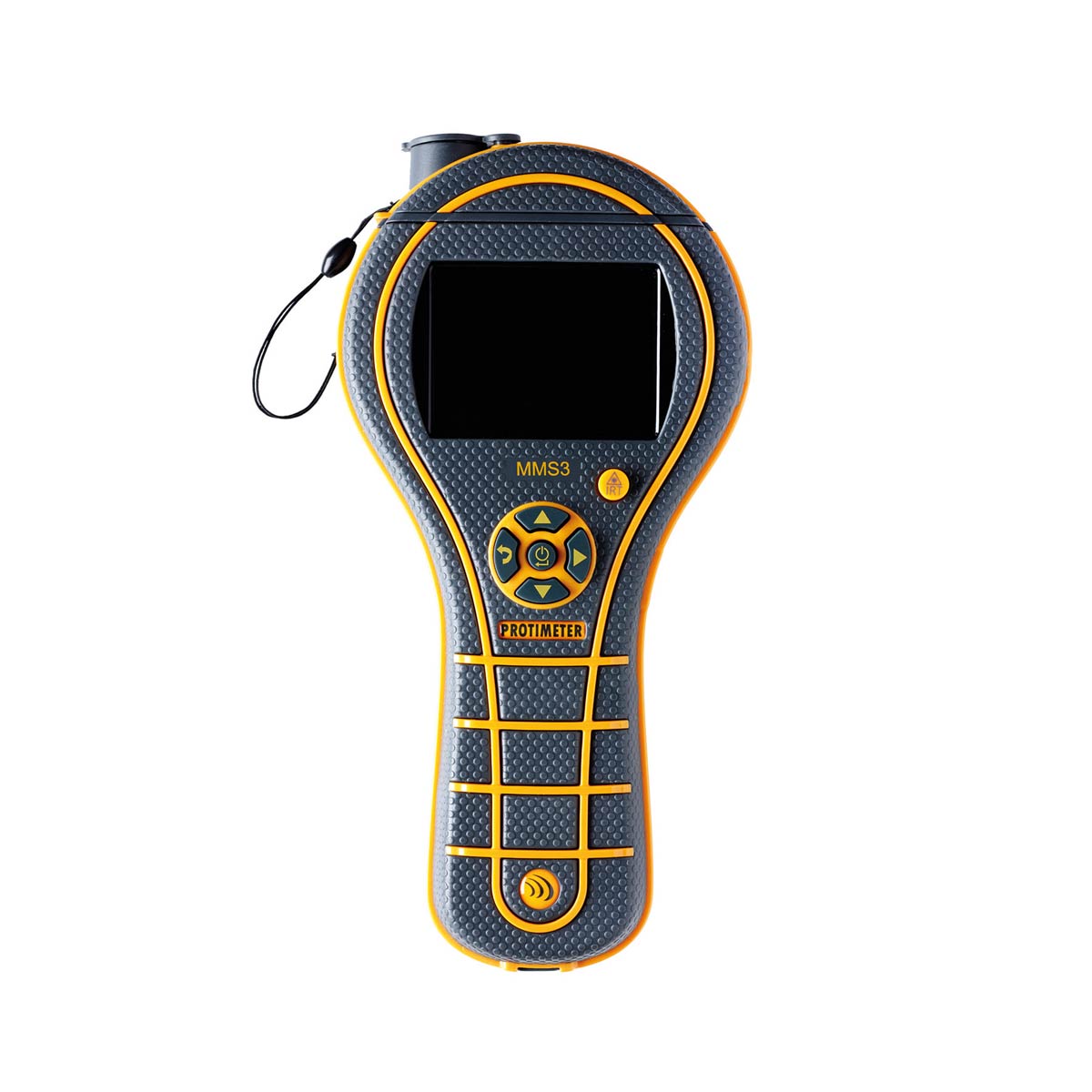 Protimeter Feuchtigkeitsmesser MMS3 in Grau-Orange mit Farbdisplay und Navigationstasten, Frontansicht.