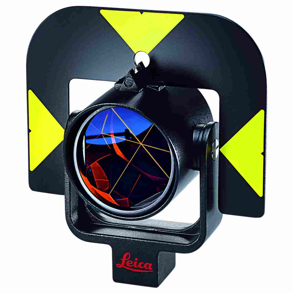 Leica Universal-Prisma GPR121 mit schwarzem Halter und schwarz-gelber Zieltafel.