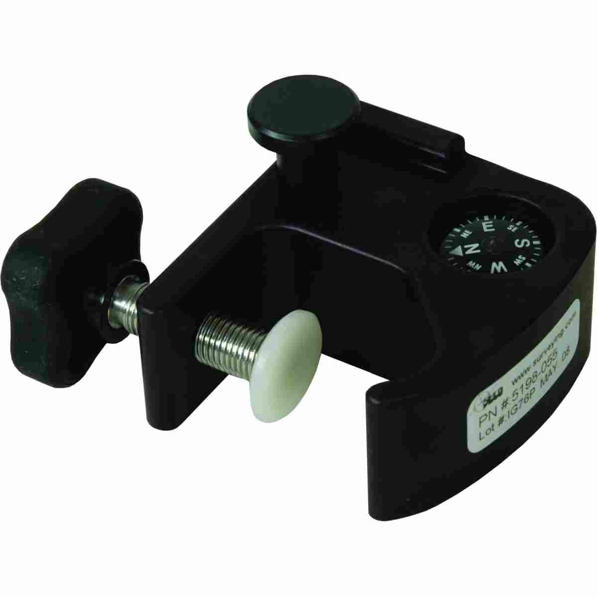 Schwarze SECO Feldrechnerklemme mit Sterngriff-Klemmschraube und integriertem Kompass.