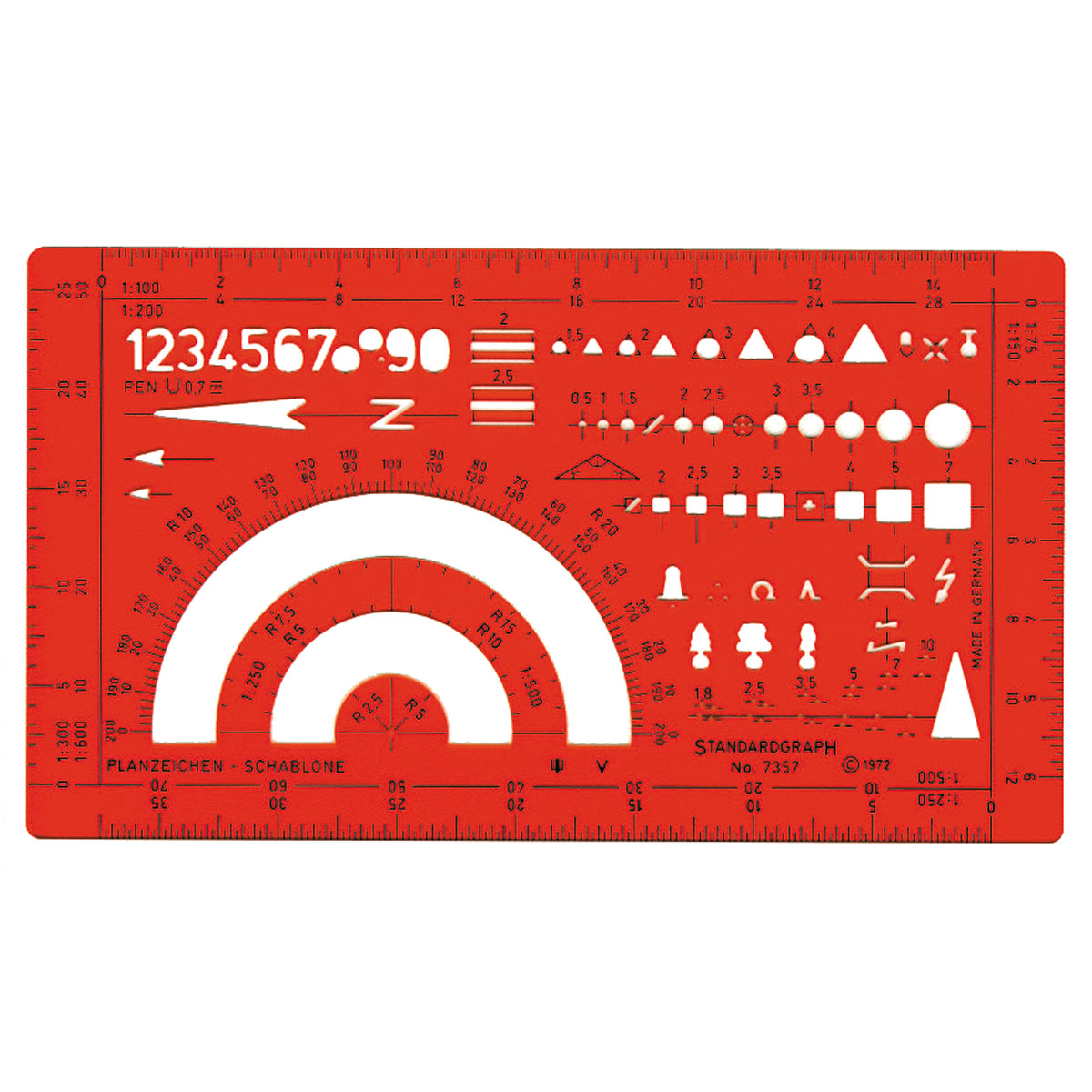 Rote Katasterschablone Standardgraph 7357 Planzeichen I mit Zahlen, Symbolen, Winkelmesser und Maßstäben.