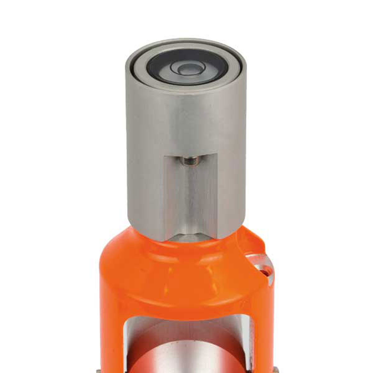Justierbare Dosenlibelle Zentral Ø 20 mm auf einem orangen Halter.