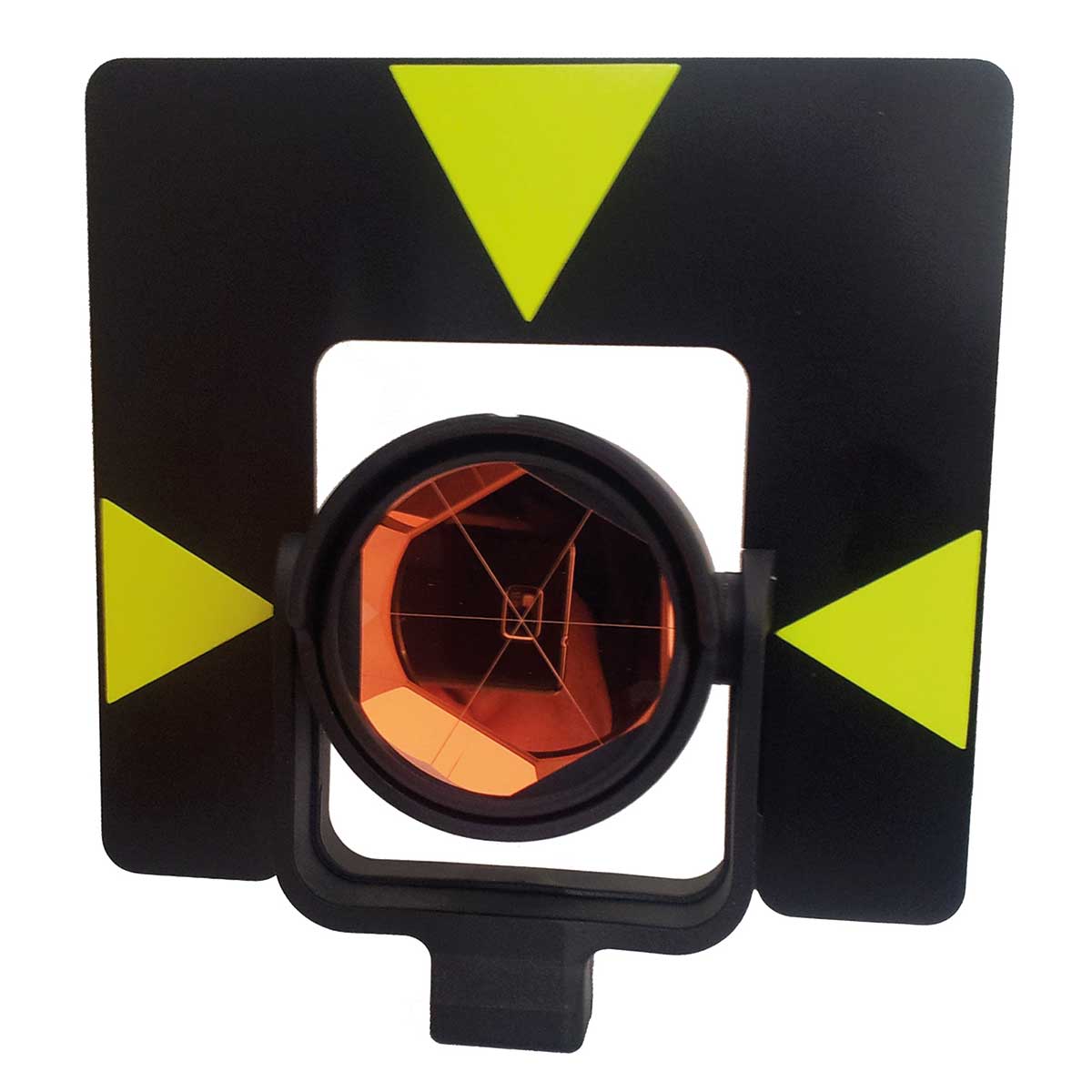 Rundprisma Typ Leica GPH1 mit schwarzer Zieltafel und neongelben Zielmarken.
