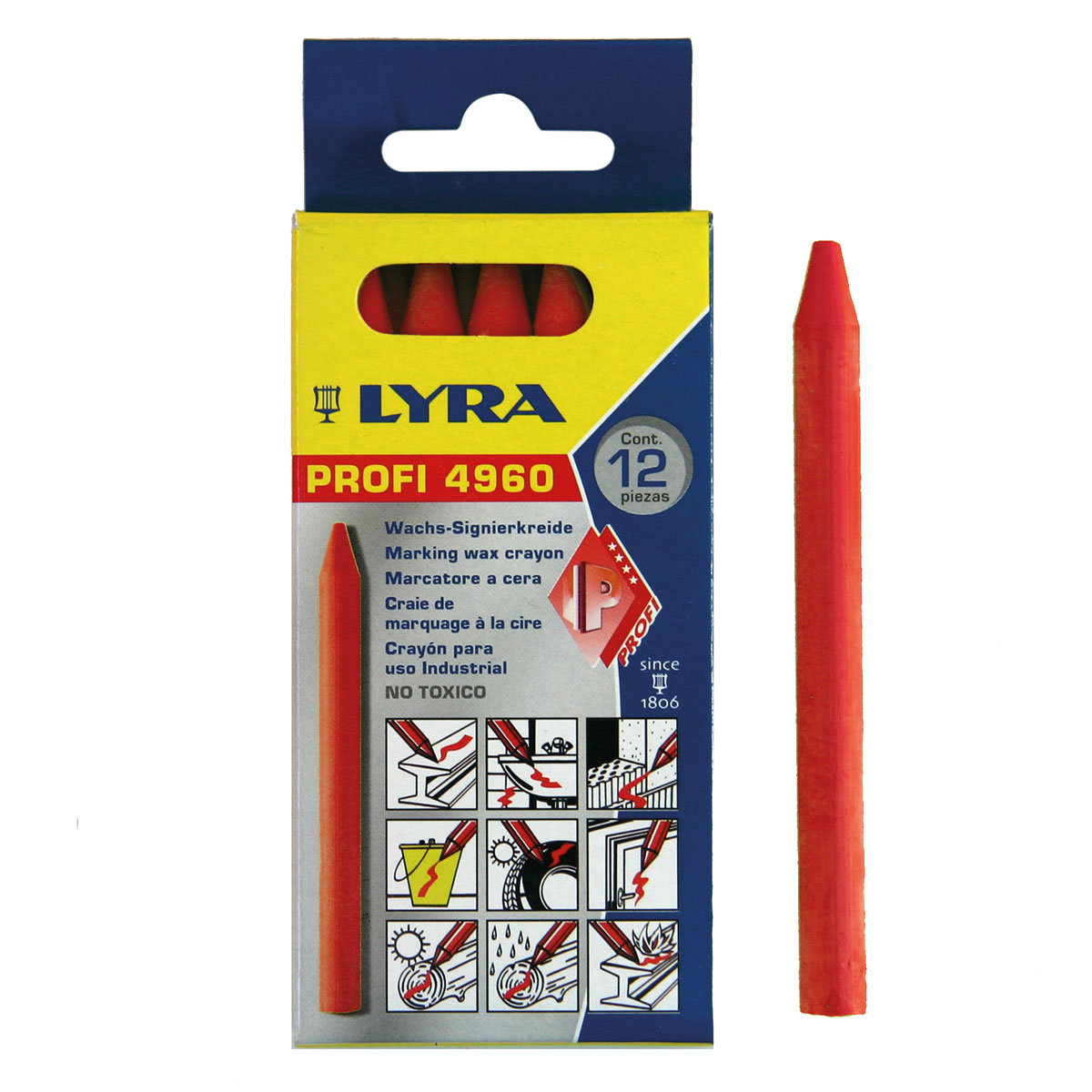 Lyra Profi 4960 Wachs-Signierkreide rot Ø 8,5 mm in der 12er-Packung, daneben eine einzelne Kreide.