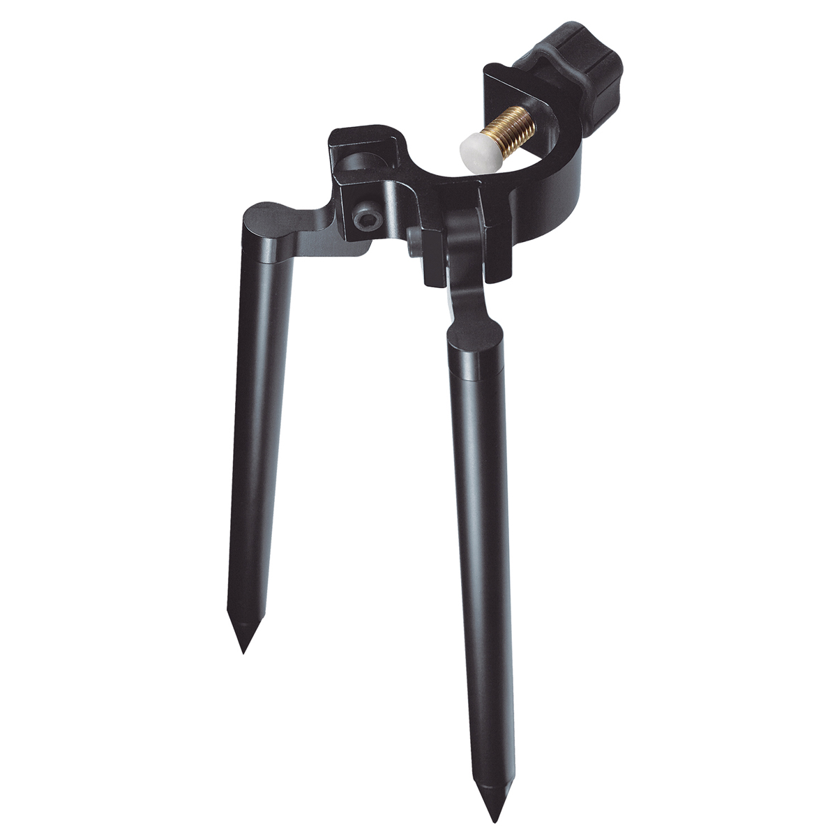 Schwarzes Mini-Zweibeinstativ mit Stabklemme, Klemmschraube und zwei spitzen Beinen.