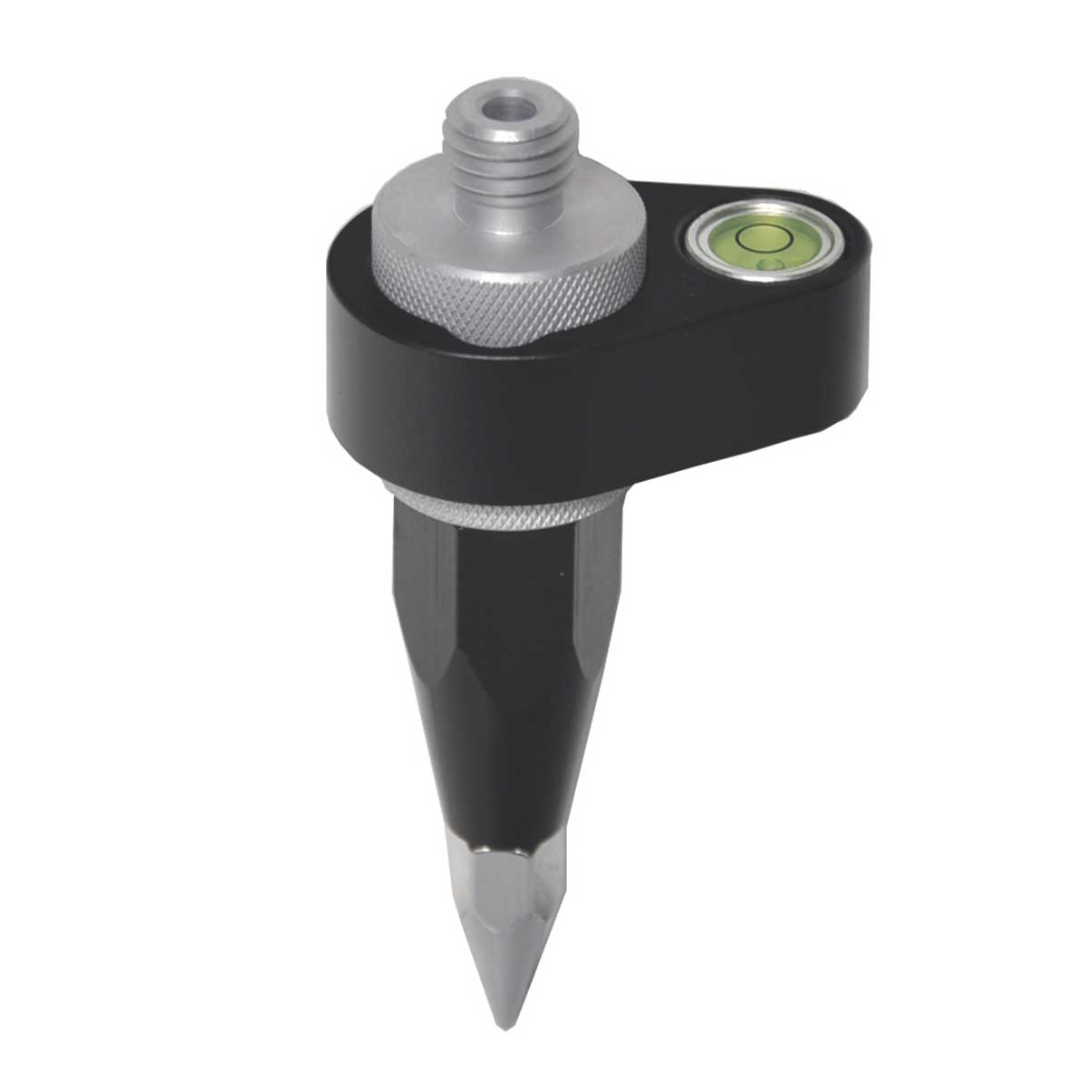 Mini-Prismenstab mit 5/8-Zoll-Gewinde, schwarzer Halterung mit Dosenlibelle und Stahlspitze.