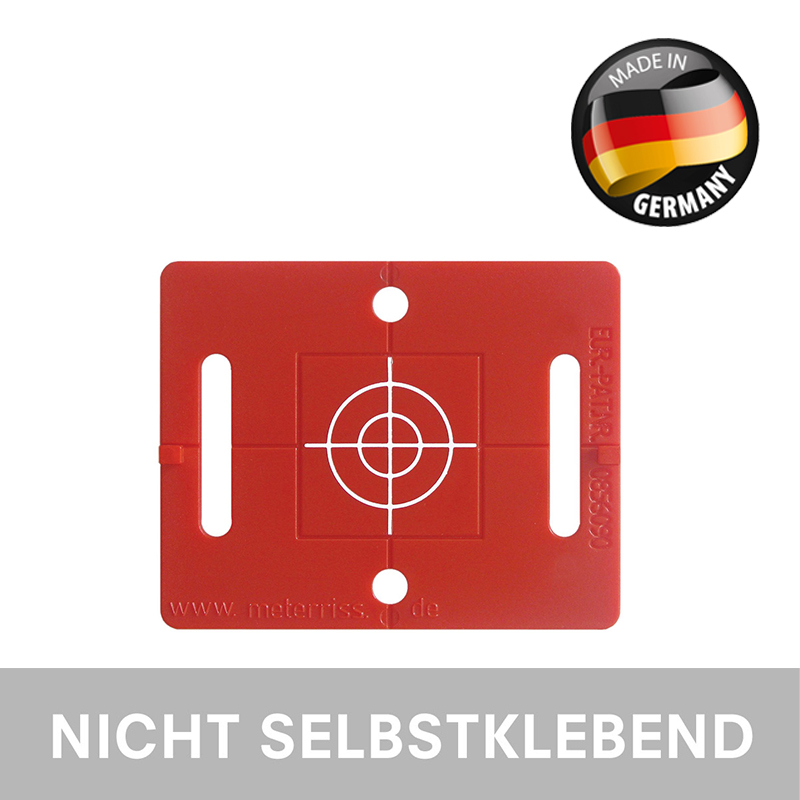 Rote Vermessungsplakette RS70 von Rothbucher Systeme, nicht selbstklebend, mit weißem Fadenkreuz.