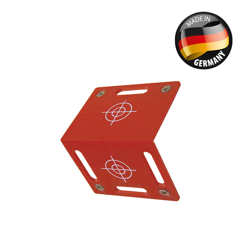 Rote Winkel-Vermessungs-Plakette RS100 von Rothbucher Systeme mit Zielmarke und Made in Germany Siegel.