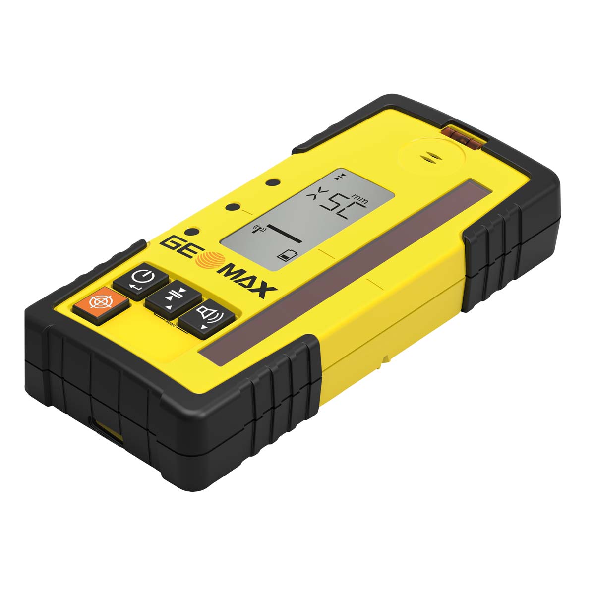 GeoMax Handempfänger ZRD105B mit schwarzem Gummischutz, Schrägansicht.