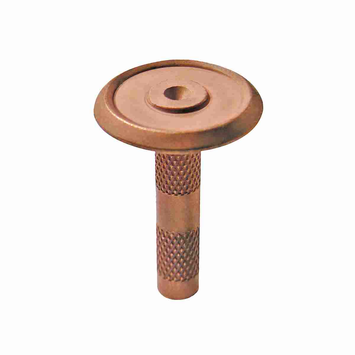 Kupferbolzen 40 mm mit gerändeltem Schaft, Kopf ohne Aufschrift mit Rand und zentraler Zentrierung.
