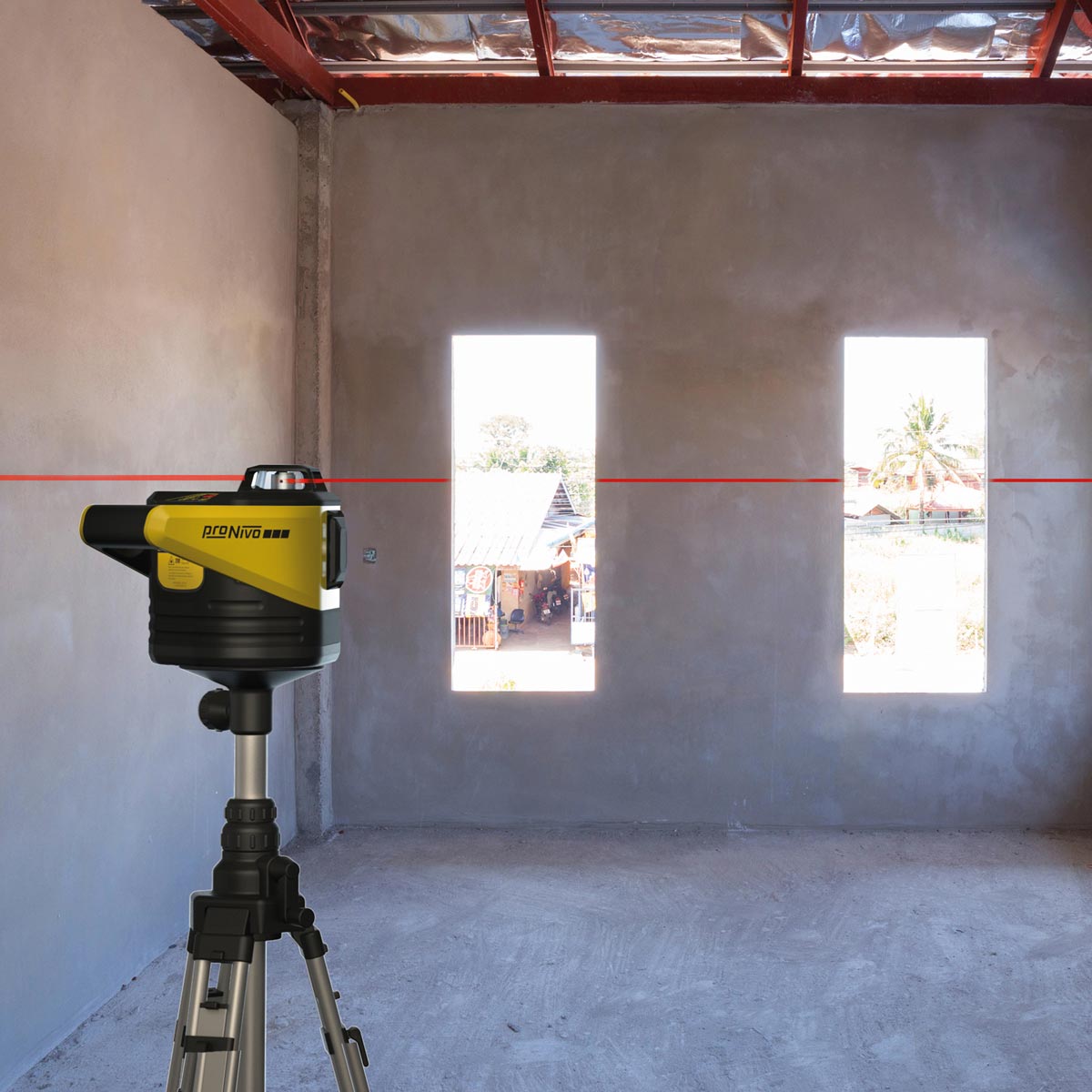 proNIVO Laser auf Stativ projiziert eine rote horizontale Linie an eine Rohbauwand mit Fenstern.