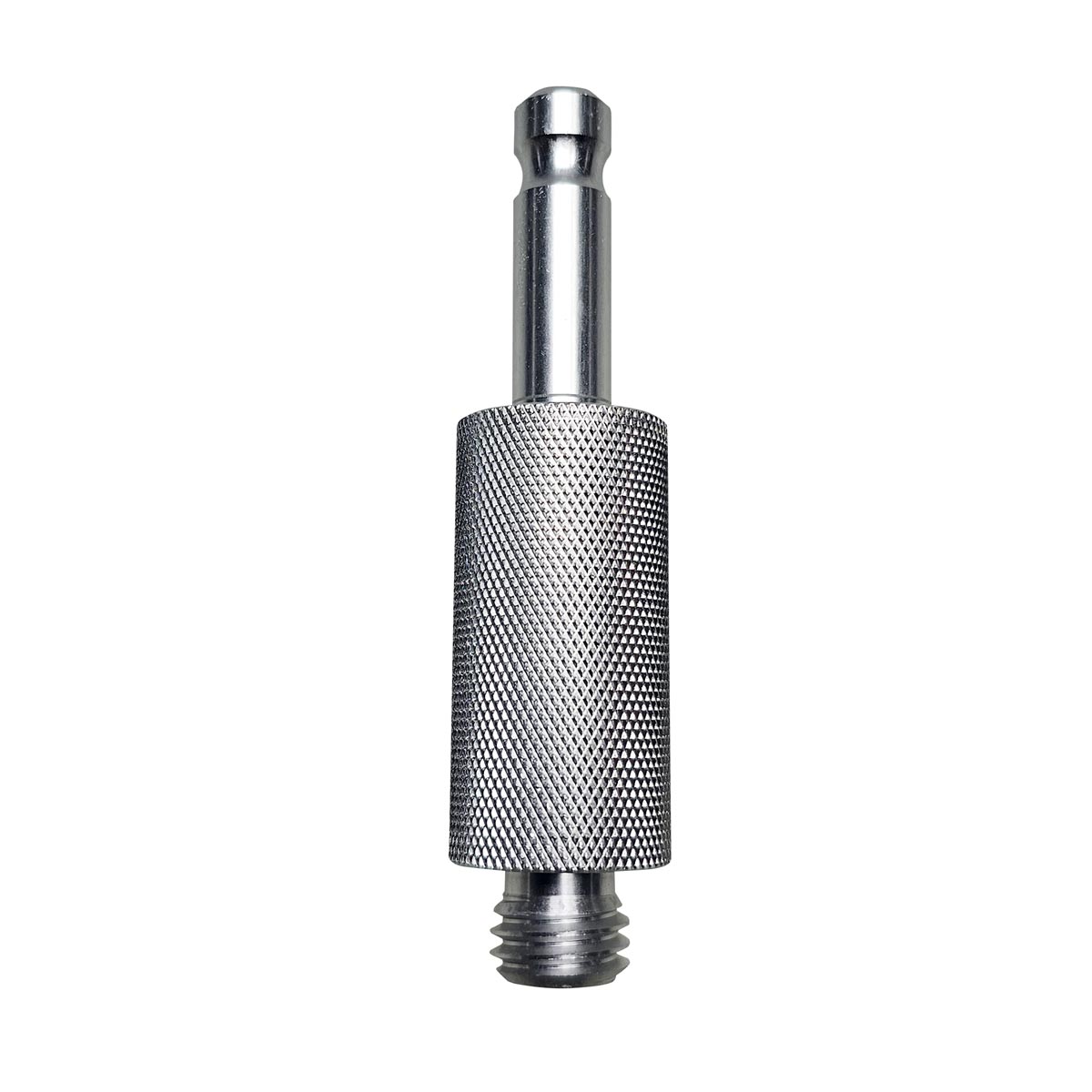 Silberner Aluminium-Adapter mit Leica-Zapfen, Rändelung und 5/8-Zoll-Gewinde.