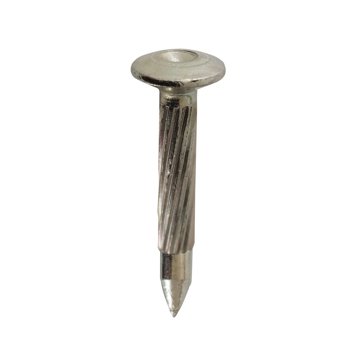 Linsenkopf-Bolzen 50 mm mit Kopf-Ø 15 mm, Zentrierbohrung und spiralförmig geriffeltem Schaft.