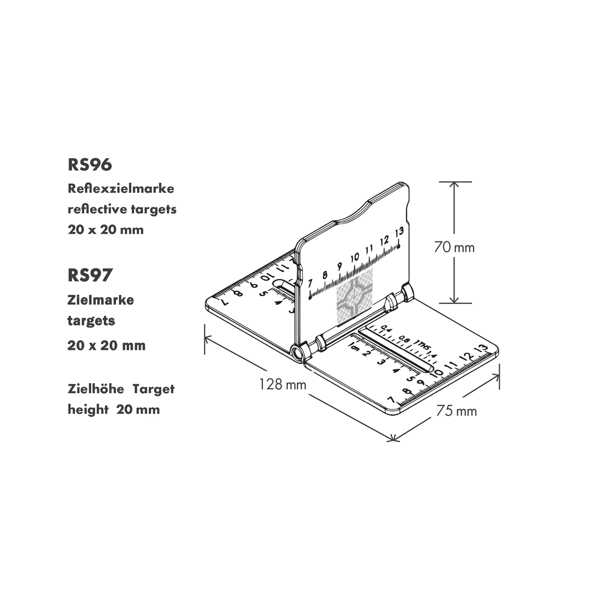 Maßzeichnung der Absteckhilfe RS97: 128 x 75 mm, Höhe 70 mm, Zielmarke 20 x 20 mm, Zielhöhe 20 mm.