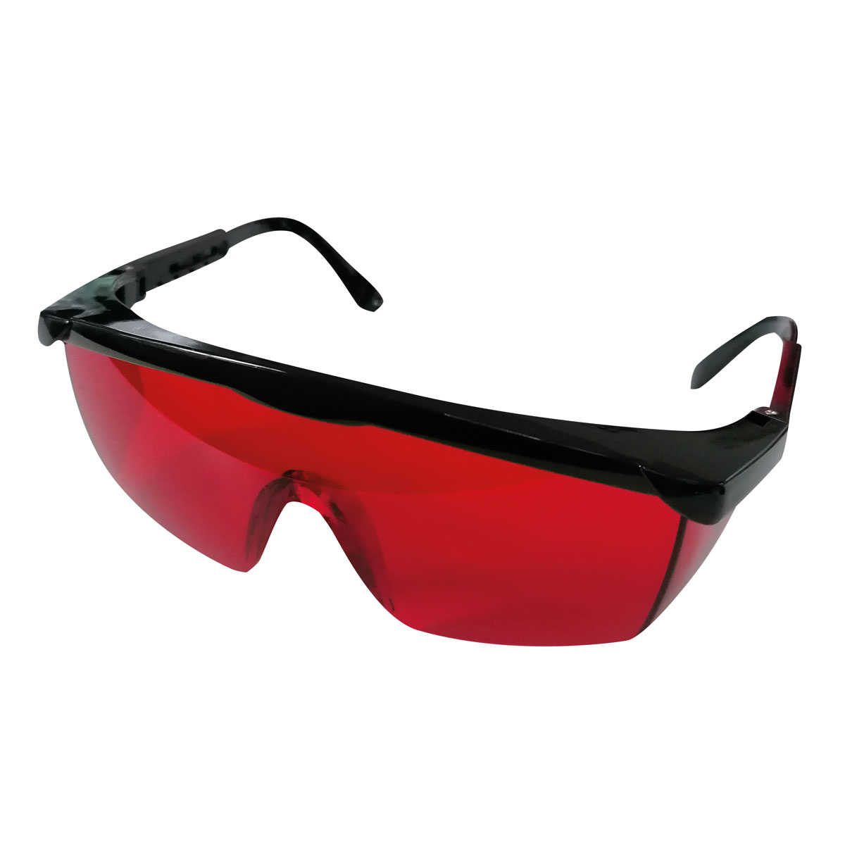 Laserbrille mit rot getönten Gläsern und schwarzem Rahmen für bessere Sichtbarkeit roter Laserstrahlen.