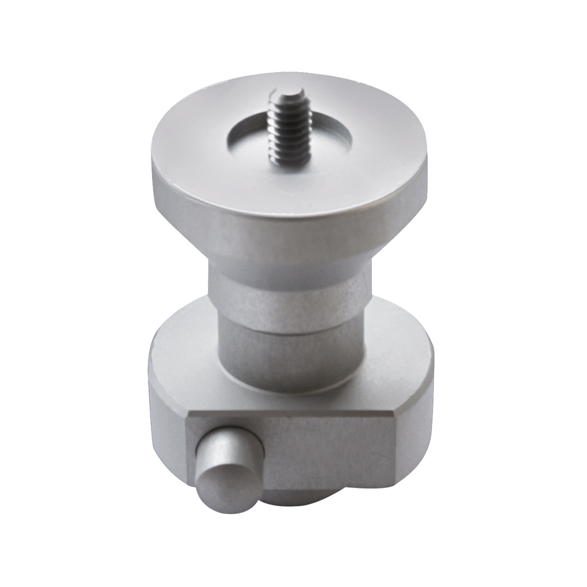 Silberner Leica-Adapter mit Schnellanschluss, Gewindestift und Arretierknopf.
